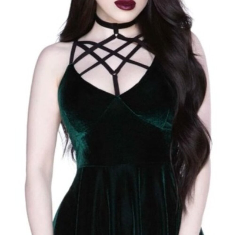 Killstar Green Velvet Pentagram Strap Dress